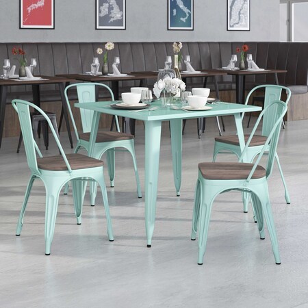 Mint Green Metal Stackable Chair with Wood Seat, PK4 MPN:4-ET-3534-MINT-WD-GG