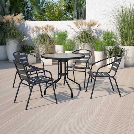 Lila Black Metal Restaurant Stack Chair with Aluminum Slats, PK4 MPN:4-TLH-017C-BK-GG