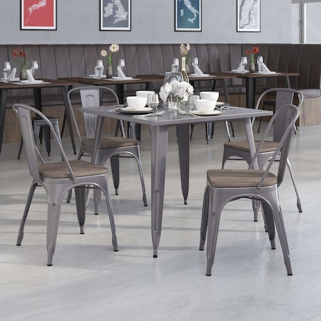 Lincoln 4 Pack Silver Antique Finish with Clear Coat Metal Stackable Chair with Wood Seat MPN:4-XU-DG-TP001-WD-GG