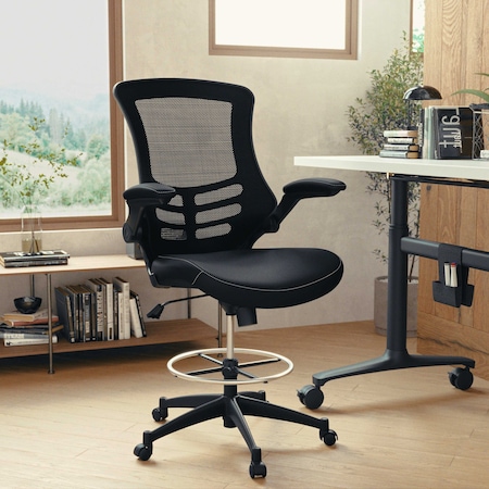 Kelista Mid-Back Black Mesh Ergonomic Drafting Chair with LeatherSoft Seat, Adjustable Foot Ring and Flip-Up Arms MPN:BL-X-5M-D-BK-LEA-GG