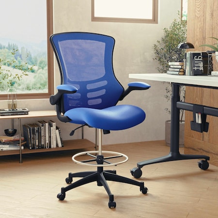 Kelista Mid-Back Blue Mesh Ergonomic Drafting Chair with Adjustable Foot Ring and Flip-Up Arms MPN:BL-X-5M-D-BLUE-GG