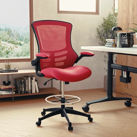 Kelista Mid-Back Red Mesh Ergonomic Drafting Chair with Adjustable Foot Ring and Flip-Up Arms MPN:BL-X-5M-D-RED-GG
