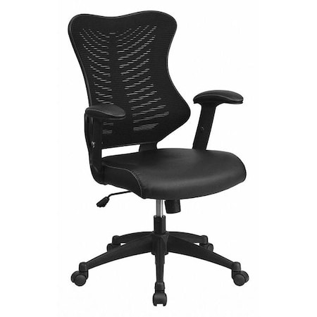 Contemporary Chair Black High Back Exec Lea Chair, Adjustable Arms, 17-1/2