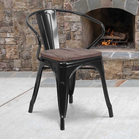 Metal Chair, Black with Arms, Wood Seat MPN:CH-31270-BK-WD-GG