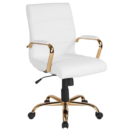 Mid-Back White Leather Swivel Office Chair with Gold Frame and Arms MPN:GO-2286M-WH-GLD-GG