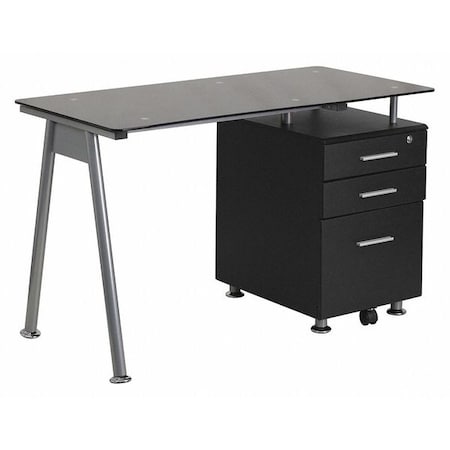 Computer Desk Glass Top Desk w/3 Drawer Pedestal, Blk, 23-1/2