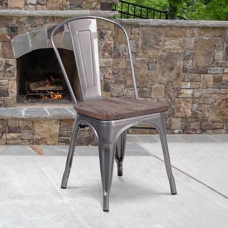 Lincoln Silver Antique Finish with Clear Coat Metal Stackable Chair with Wood Seat MPN:XU-DG-TP001-WD-GG