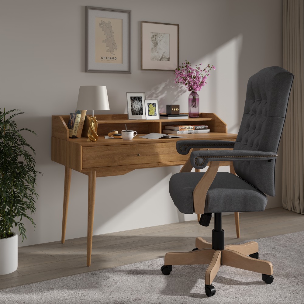 Flash Furniture Martha Washington Fabric High-Back Swivel Executive Office Chair With Arms, Gray/Driftwood MPN:802GR