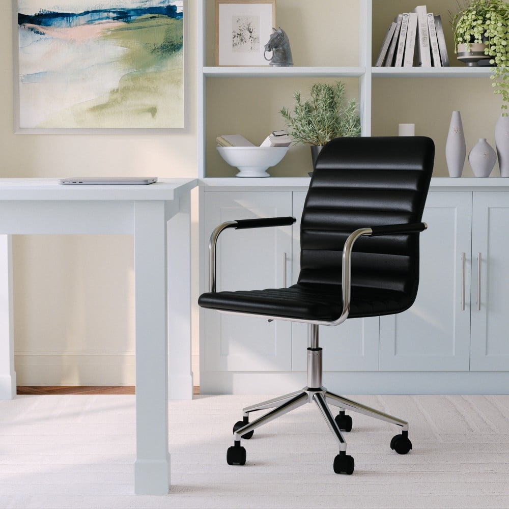 Martha Stewart Taytum Faux Leather Upholstered Mid-Back Executive Office Chair, Black/Polished Nickel MPN:CH142370BK