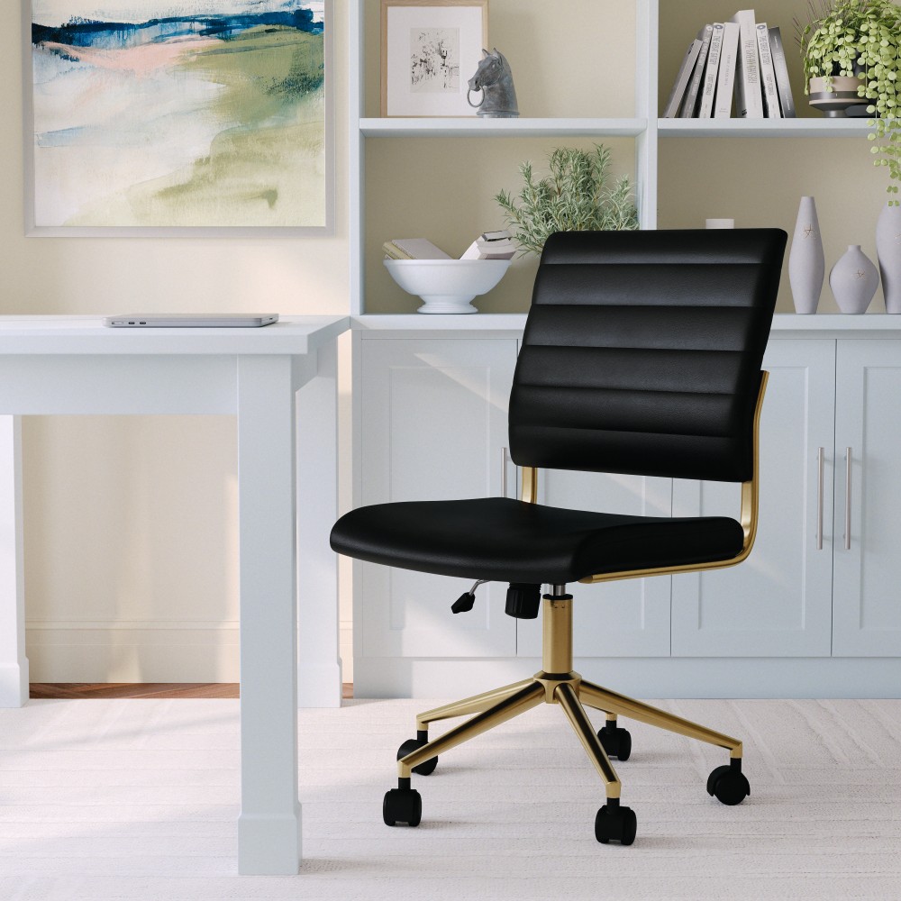 Martha Stewart Ivy Faux Leather Upholstered Mid-Back Executive Office Chair, Black/Polished Brass MPN:CH2209211BKGLD