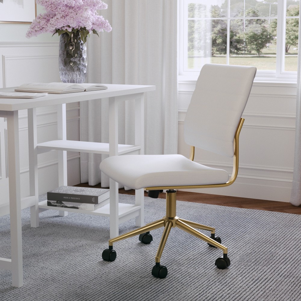 Martha Stewart Ivy Faux Leather Upholstered Mid-Back Executive Office Chair, White/Polished Brass MPN:CH2209211WHGLD