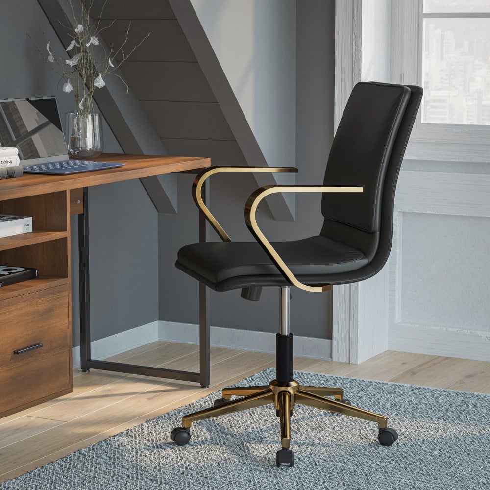 Flash Furniture James Faux Leather Mid-Back Designer Executive Upholstered Office Chair, Black/Gold MPN:GO21111BBKGLD