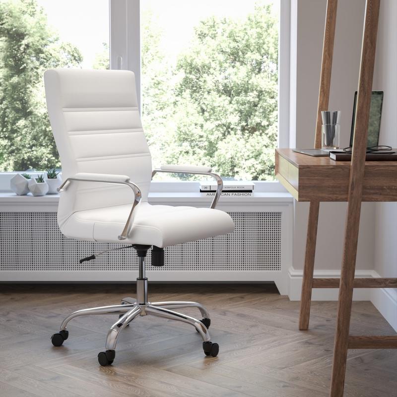 Flash Furniture LeatherSoft Faux Leather High-Back Office Chair With Chrome Base And Arms, White/Gray MPN:GO2286HWH