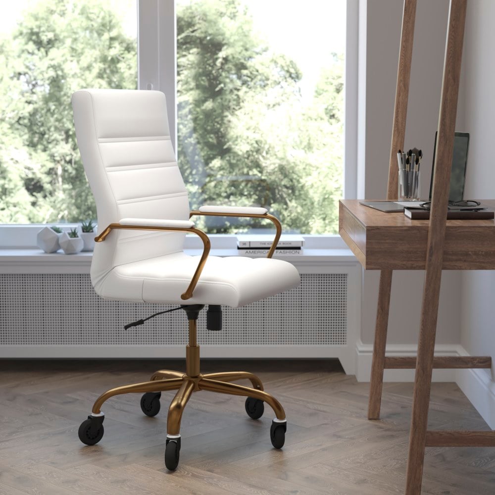 Flash Furniture Whitney Ergonomic Faux Leather High-Back Executive Swivel Office Chair, White/Gold MPN:GO2286HWHGLDRLB