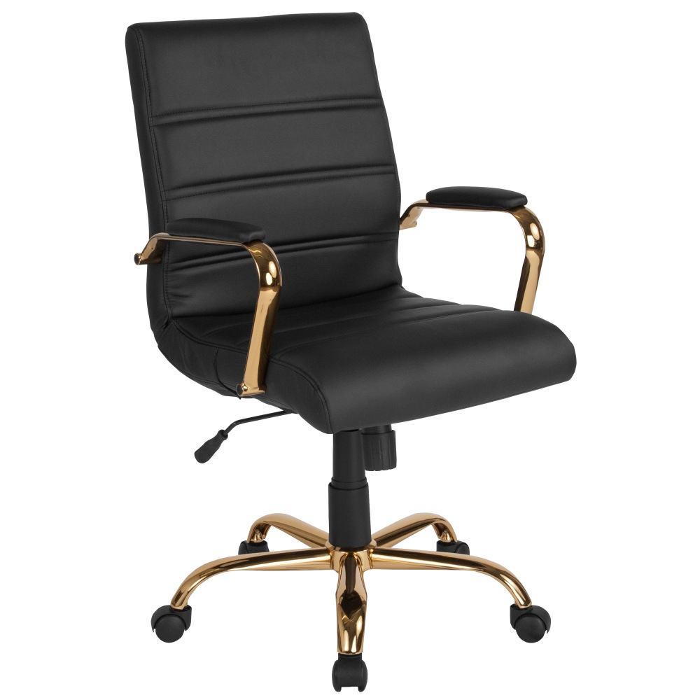 Flash Furniture LeatherSoft Faux Leather Mid-Back Office Chair With Chrome Base And Arms, Black/Gold MPN:GO2286MBKGLD