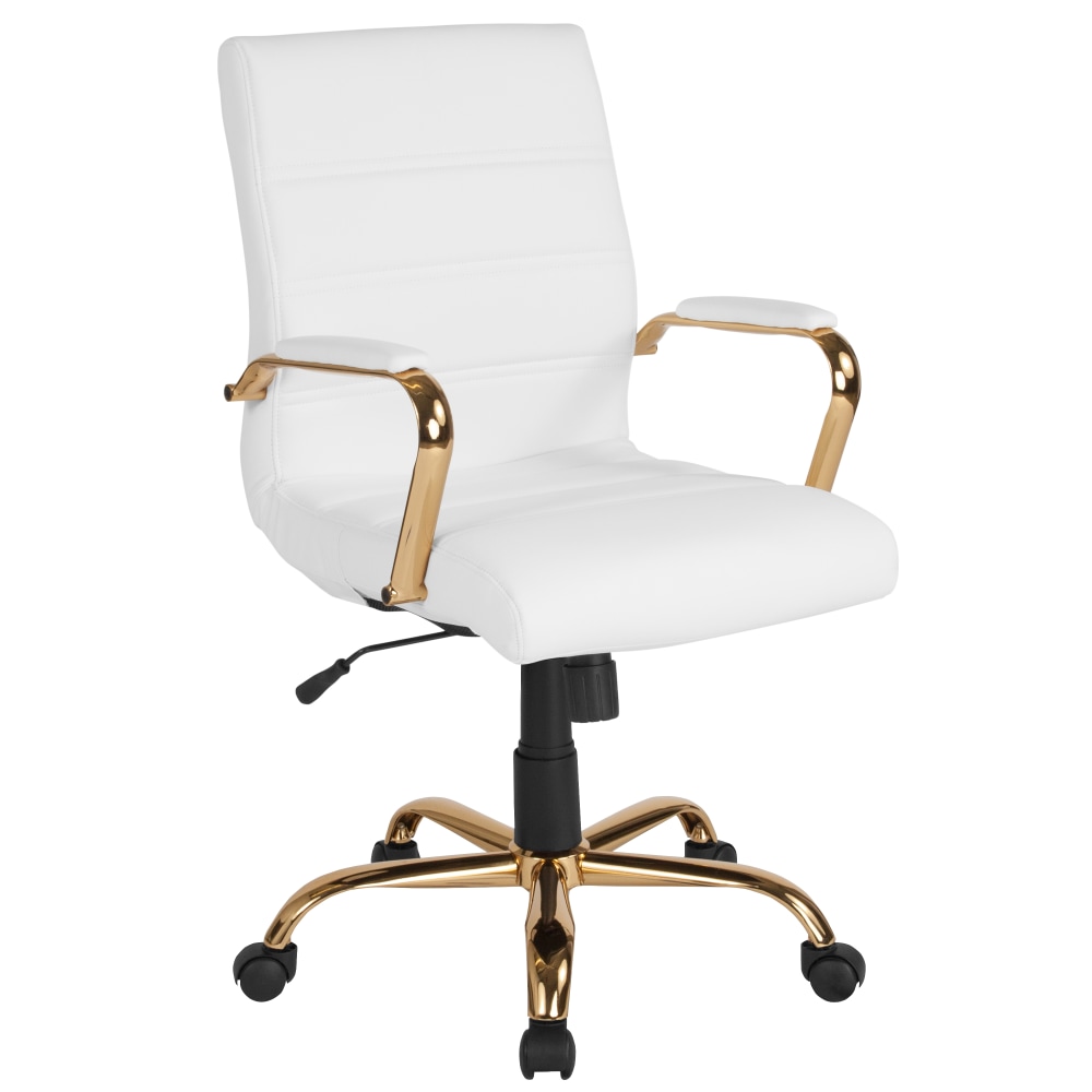 Flash Furniture LeatherSoft Faux Leather Mid-Back Office Chair With Chrome Base And Arms, White/Gold MPN:GO2286MWHGLD