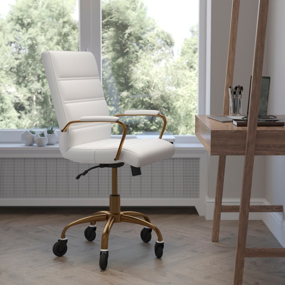 Flash Furniture Camilia Ergonomic Faux Leather Mid-Back Executive Swivel Office Chair With Arms, White/Gold MPN:GO2286MWHGLDRLB