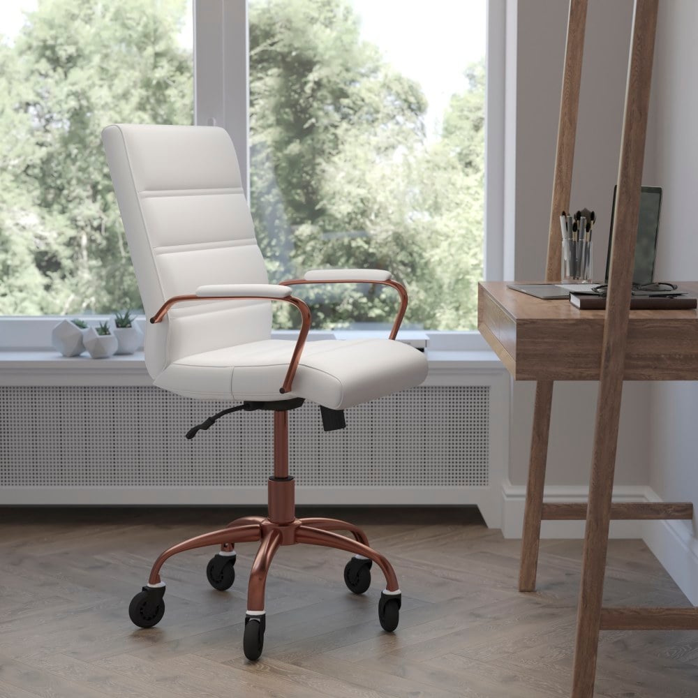 Flash Furniture Camilia Ergonomic Faux Leather Mid-Back Executive Swivel Office Chair With Arms, White/Rose Gold MPN:GO2286MWHRSGRLB