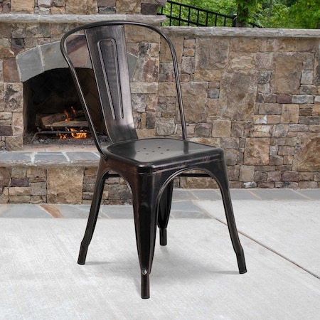 Black-Antique Gold Metal Indoor-Outdoor Stackable Chair, PK4 MPN:4-CH-31230-BQ-GG