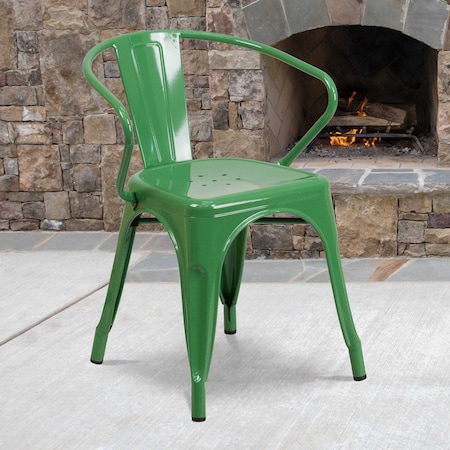 Green Metal Indoor-Outdoor Chair with Arms, PK4 MPN:4-CH-31270-GN-GG