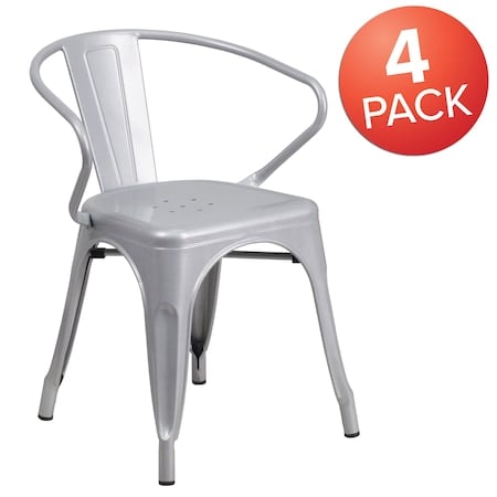 Silver Metal Indoor-Outdoor Chair with Arms, PK4 MPN:4-CH-31270-SIL-GG