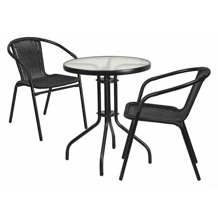 Lila 23.75'' Round Glass Metal Table with 2 Black Rattan Stack Chairs MPN:TLH-071RD-037BK2-GG
