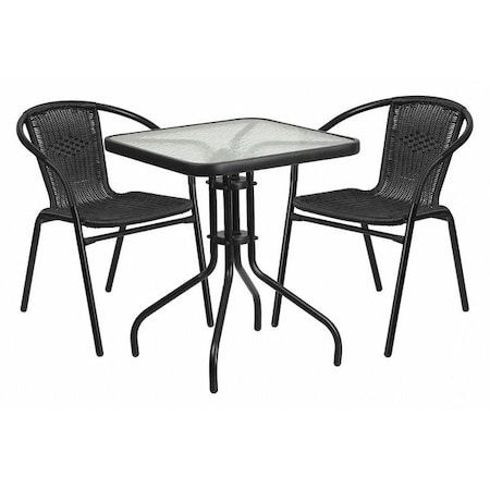 Lila 23.5'' Square Glass Metal Table with 2 Black Rattan Stack Chairs MPN:TLH-0731SQ-037BK2-GG