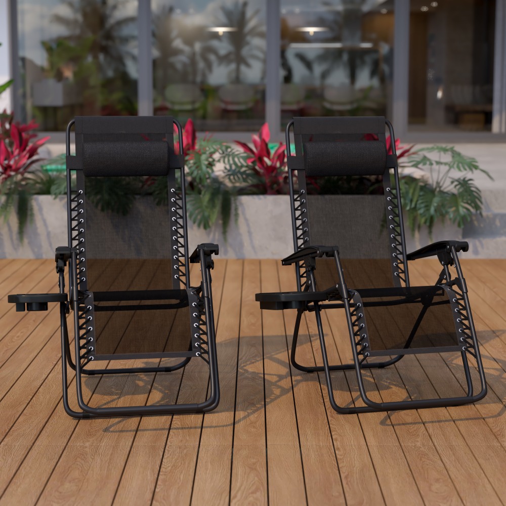 Flash Furniture Adjustable Folding Mesh Zero Gravity Reclining Lounge Chairs With Pillow And Tray, Black, Set Of 2 Chairs MPN:2GM103122SSBK
