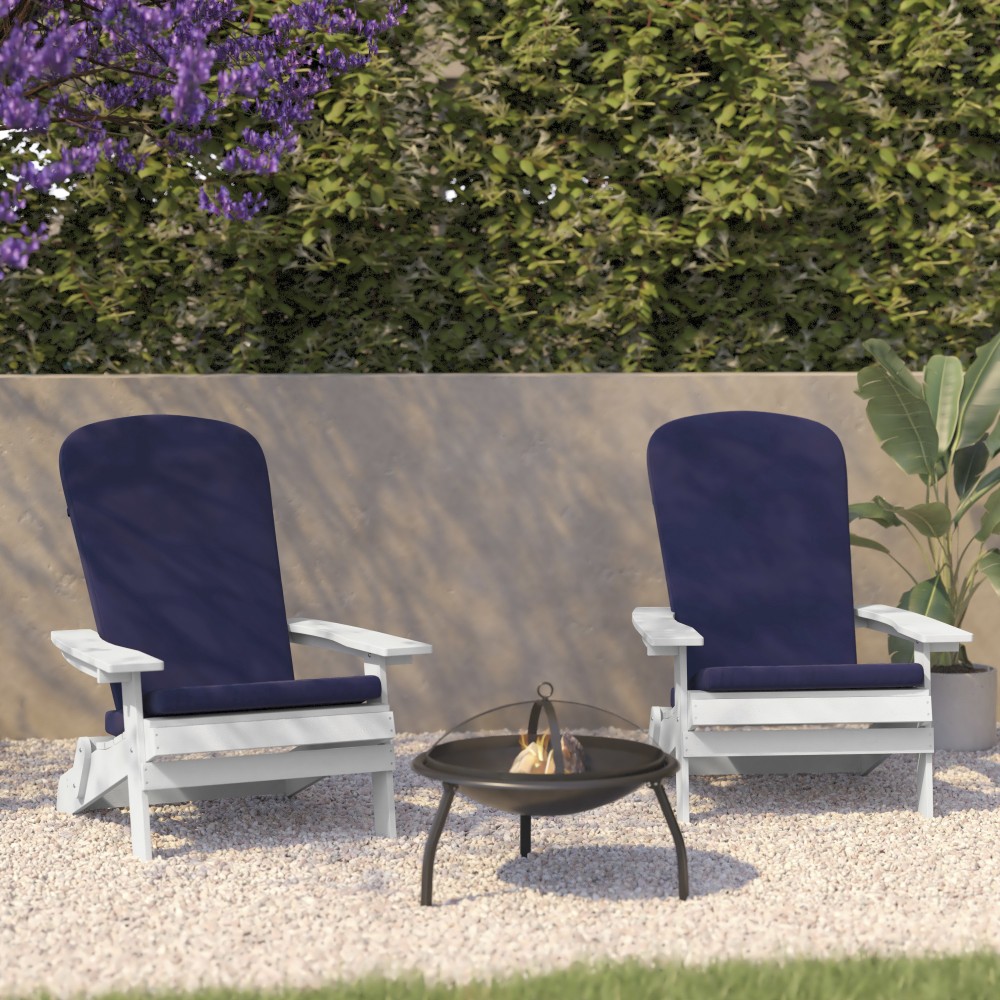 Flash Furniture Charlestown All-Weather Indoor/Outdoor Furniture Folding Adirondack Chairs With Cushions, Blue/White, Set Of 2 Chairs MPN:2JJC14505CSBLWH
