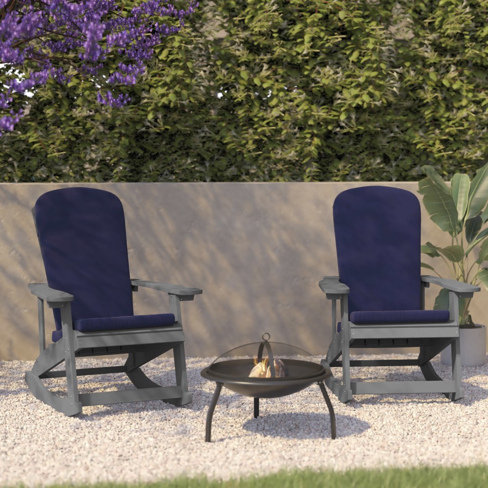 Flash Furniture Savannah All-Weather Adirondack Rocking Chairs with Cushions, Blue/Gray, Set Of 2 Chairs MPN:2JJC14705CSBLGY