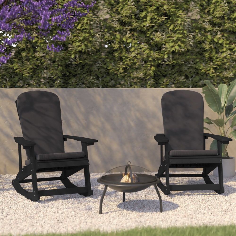 Flash Furniture Savannah All-Weather Adirondack Rocking Chairs with Cushions, Gray/Black, Set Of 2 Chairs MPN:2JJC14705CSGYBK