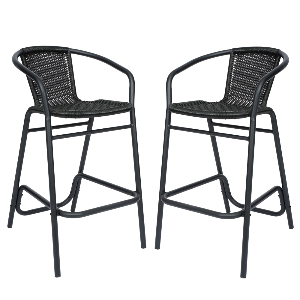 Flash Furniture Lila Set of 2 Commercial Grade Indoor-Outdoor PE Rattan Restaurant Barstools with Aluminum Frames and Footrests, Black MPN:2SDA632032RBK