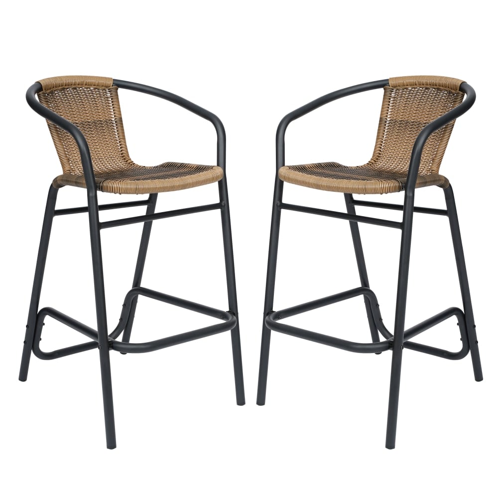 Flash Furniture Lila Set of 2 Commercial Grade Indoor-Outdoor PE Rattan Restaurant Barstools with Aluminum Frames and Footrests, Medium Brown MPN:2SDA632032RDKBN