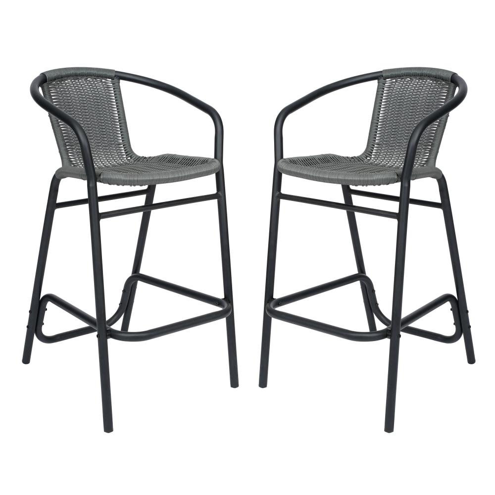 Flash Furniture Lila Set of 2 Commercial Grade Indoor-Outdoor PE Rattan Restaurant Barstools with Aluminum Frames and Footrests, Gray MPN:2SDA632032RGY
