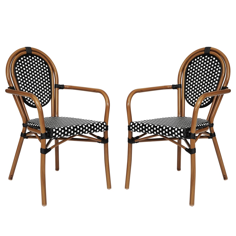 Flash Furniture 2 Pack Lourdes Indoor/Outdoor Commercial Thonet Bistro Stacking Chair with Arms, Black & White/Natural Frame -2SDA6422ABWNAT MPN:2SDA6422ABWNAT
