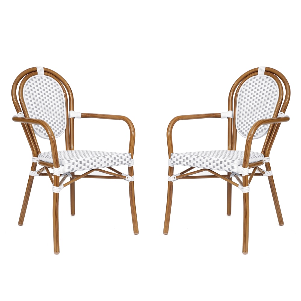 Flash Furniture 2 Pack Lourdes Indoor/Outdoor Commercial Thonet Bistro Stacking Chair with Arms, White & Gray/Natural Frame -2SDA6422AWGYN MPN:2SDA6422AWGYN