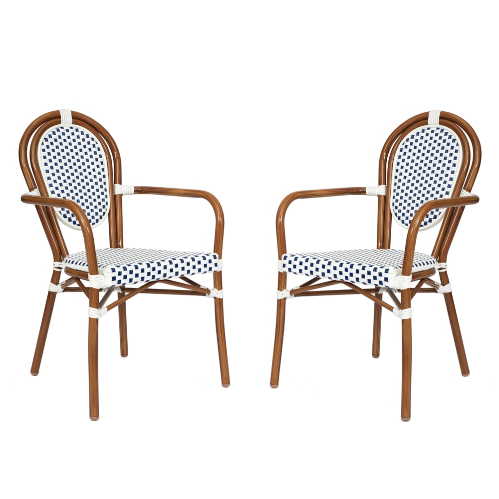 Flash Furniture 2 Pack Lourdes Indoor/Outdoor Commercial Thonet Bistro Stacking Chair with Arms, White & Navy/Natural Frame -2SDA6422AWNVN MPN:2SDA6422AWNVN