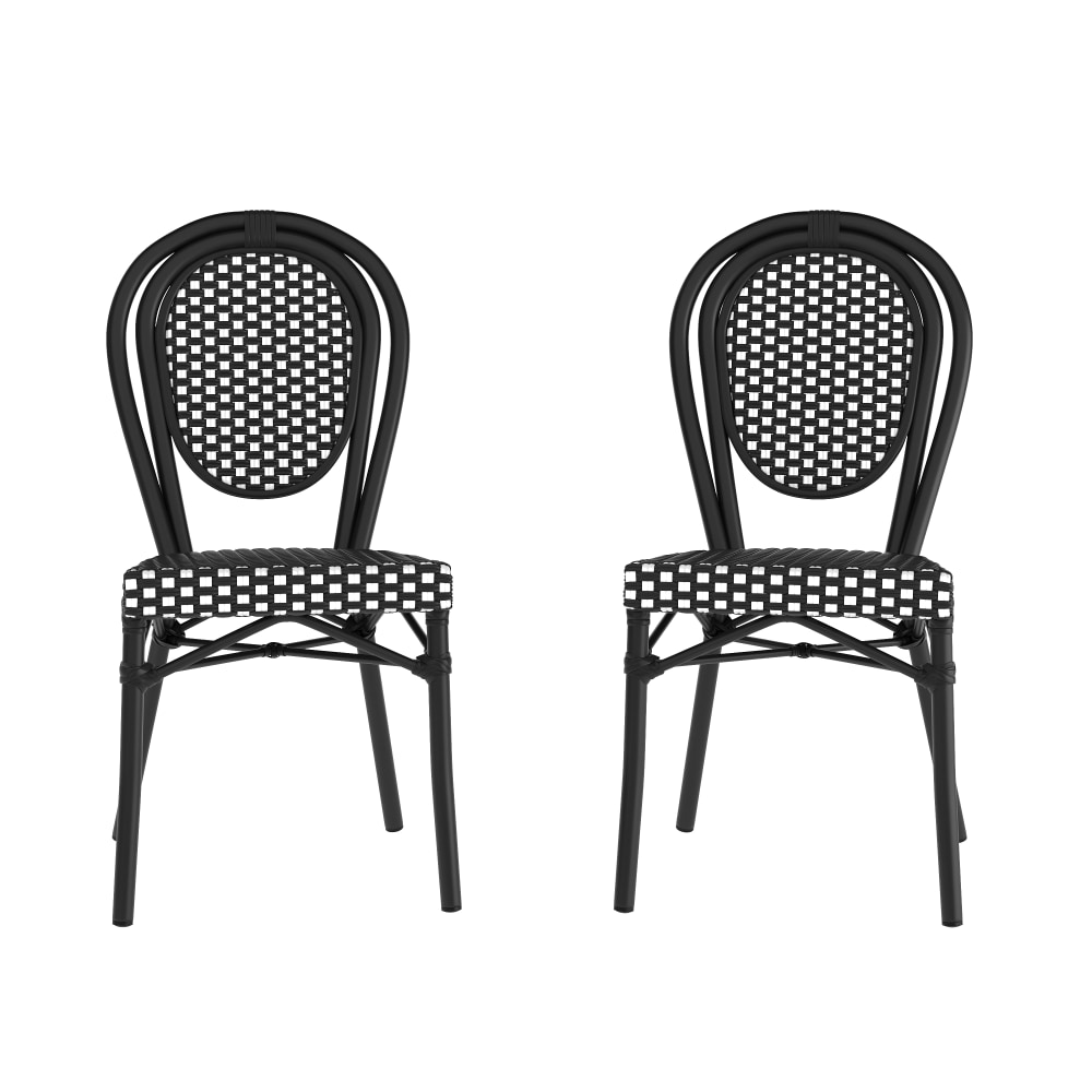 Flash Furniture 2 Pack Lourdes Indoor/Outdoor Commercial Thonet Bistro Stacking Chair, PE Rattan and Aluminum Frame, Black & White/Black Frame MPN:2SDA6422SBKWBK