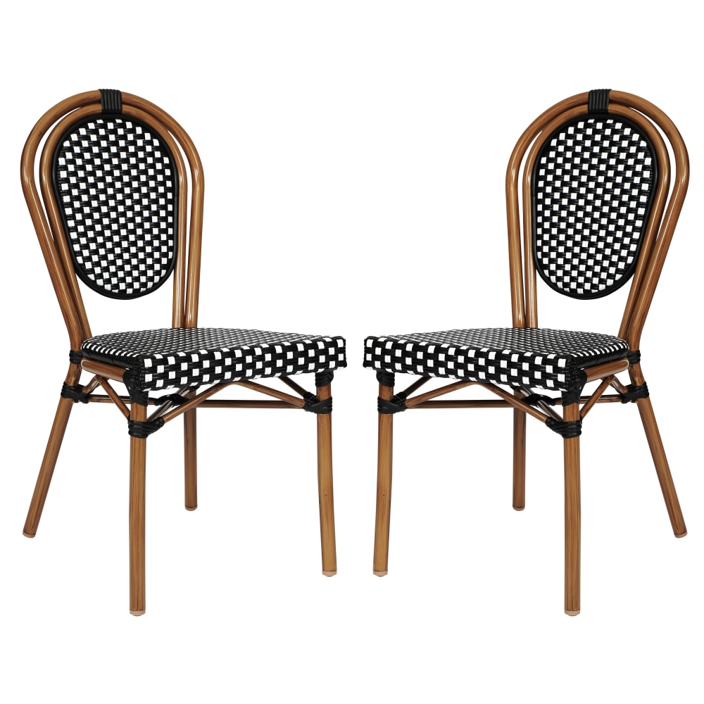 Flash Furniture 2 Pack Lourdes Indoor/Outdoor Commercial Thonet Bistro Stacking Chair, PE Rattan and Aluminum Frame, Black & White/Natural Frame MPN:2SDA6422SBWNAT