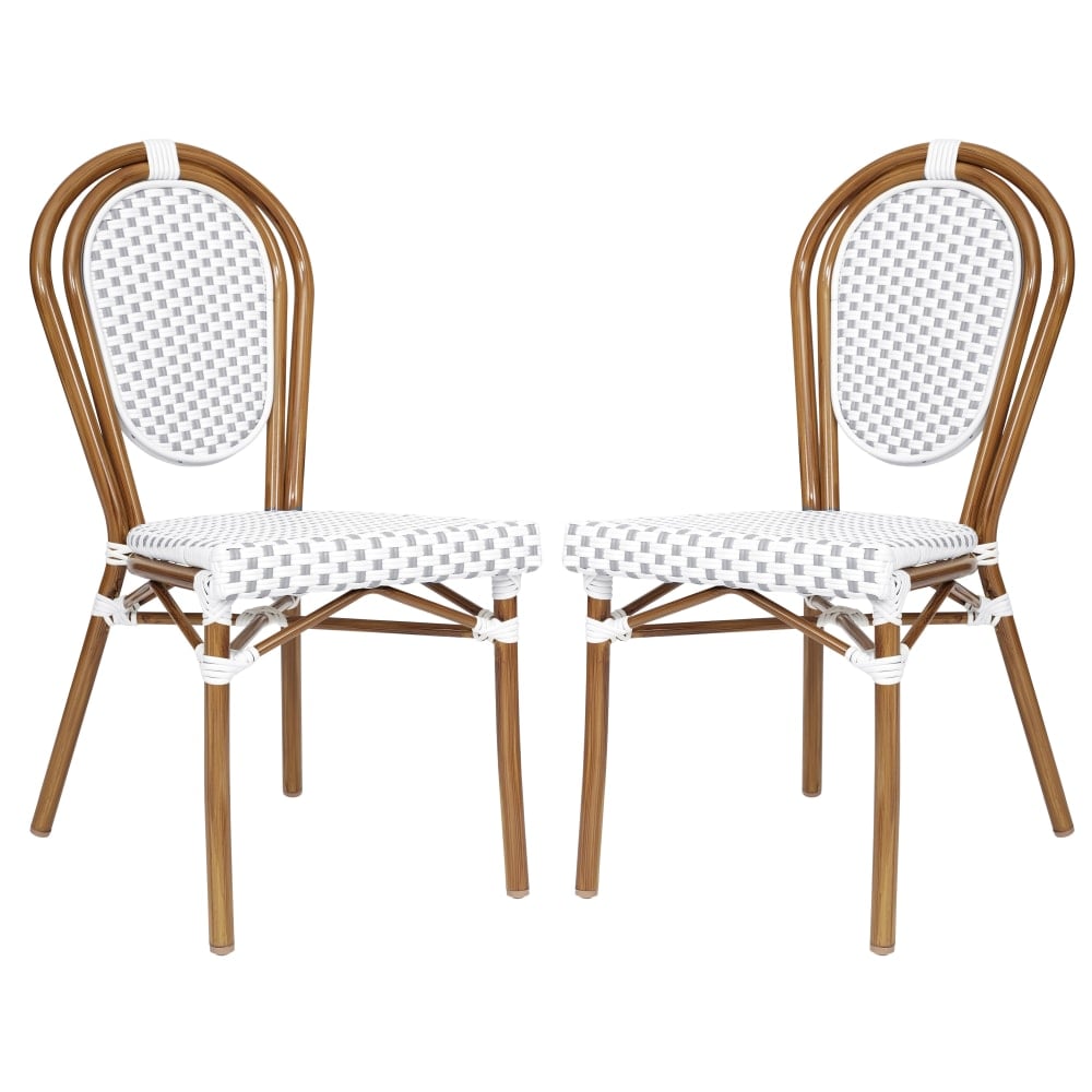 Flash Furniture 2 Pack Lourdes Indoor/Outdoor Commercial Thonet Bistro Stacking Chair, PE Rattan and Aluminum Frame, White & Gray/Natural Frame MPN:2SDA6422SWGYN
