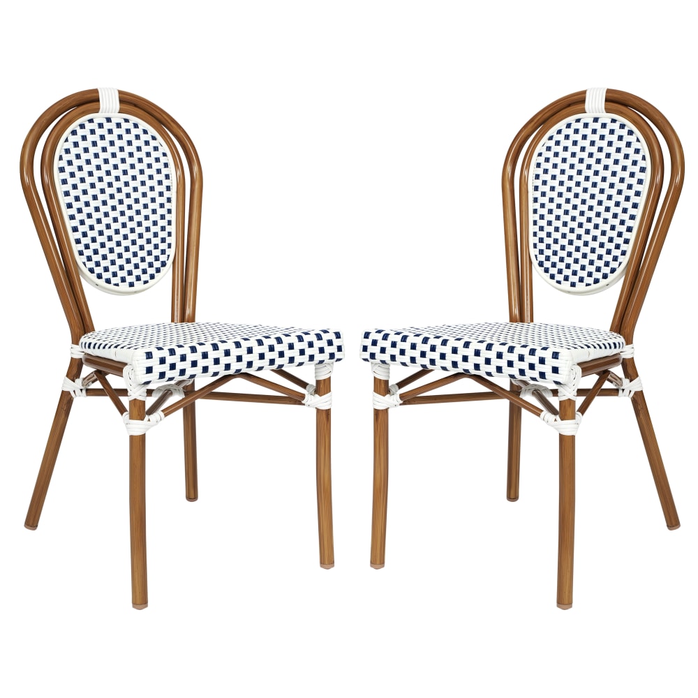 Flash Furniture 2 Pack Lourdes Indoor/Outdoor Commercial Thonet Bistro Stacking Chair, PE Rattan and Aluminum Frame, White & Navy/Natural Frame MPN:2SDA6422SWNVN