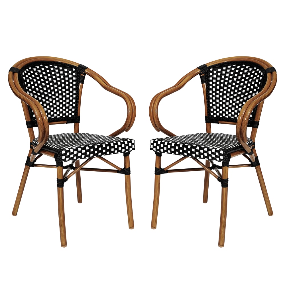 Flash Furniture 2 Pack Bordeaux Indoor/Outdoor Commercial Bistro Stacking Chair with Arms, Black & White/Natural Frame -2SDAS642142BKWN MPN:2SDAS642142BKWN