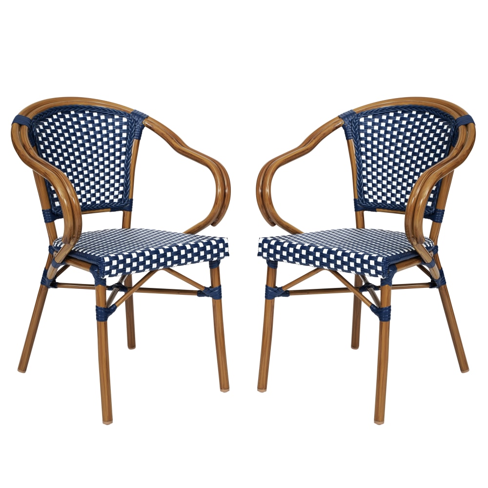 Flash Furniture 2 Pack Bordeaux Indoor/Outdoor Commercial Bistro Stacking Chair with Arms, Navy & White/Natural Frame -2SDAS642142NVWN MPN:2SDAS642142NVWN