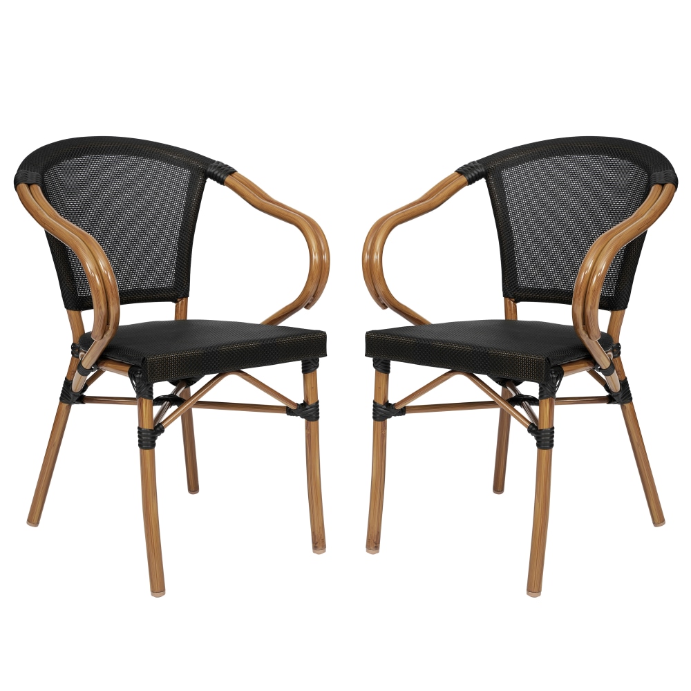 Flash Furniture 2 Pack Marseille Indoor/Outdoor Commercial Bistro Stacking Chair with Arms, Black/Natural Frame -2SDAS64218BKN MPN:2SDAS64218BKN