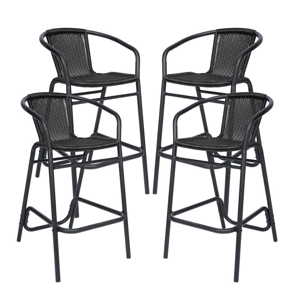 Flash Furniture Lila Set of 4 Commercial Grade Indoor-Outdoor PE Rattan Restaurant Barstools with Aluminum Frames and Footrests, Black MPN:4SDA632032RBK