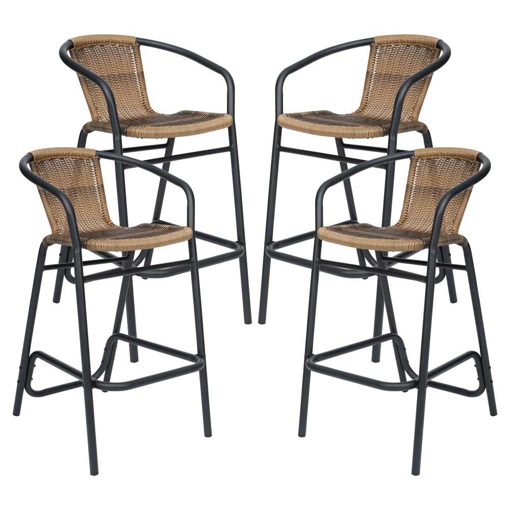Flash Furniture Lila Set of 4 Commercial Grade Indoor-Outdoor PE Rattan Restaurant Barstools with Aluminum Frames and Footrests, Medium Brown MPN:4SDA632032RDKBN