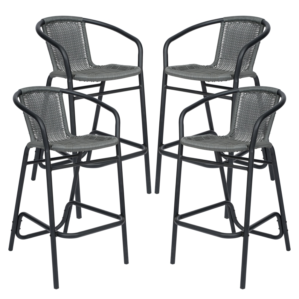 Flash Furniture Lila Set of 4 Commercial Grade Indoor-Outdoor PE Rattan Restaurant Barstools with Aluminum Frames and Footrests, Gray MPN:4SDA632032RGY