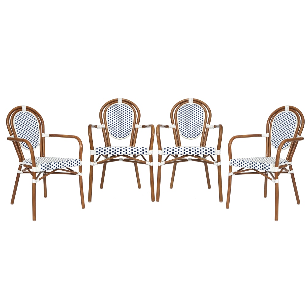 Flash Furniture 4 Pack Lourdes Indoor/Outdoor Commercial Thonet Bistro Stacking Chair with Arms, White & Navy/Natural Frame -4SDA6422AWNVN MPN:4SDA6422AWNVN