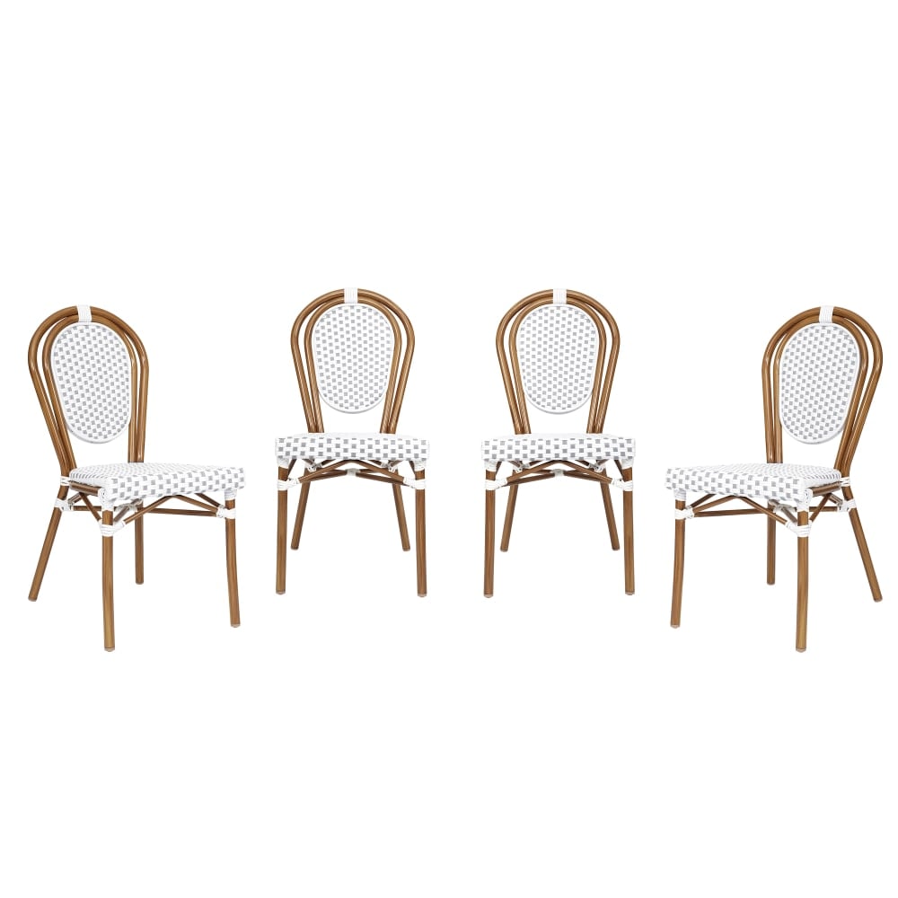 Flash Furniture 4 Pack Lourdes Indoor/Outdoor Commercial Thonet Bistro Stacking Chair, PE Rattan and Aluminum Frame, White & Gray/Natural Frame MPN:4SDA6422SWGYN