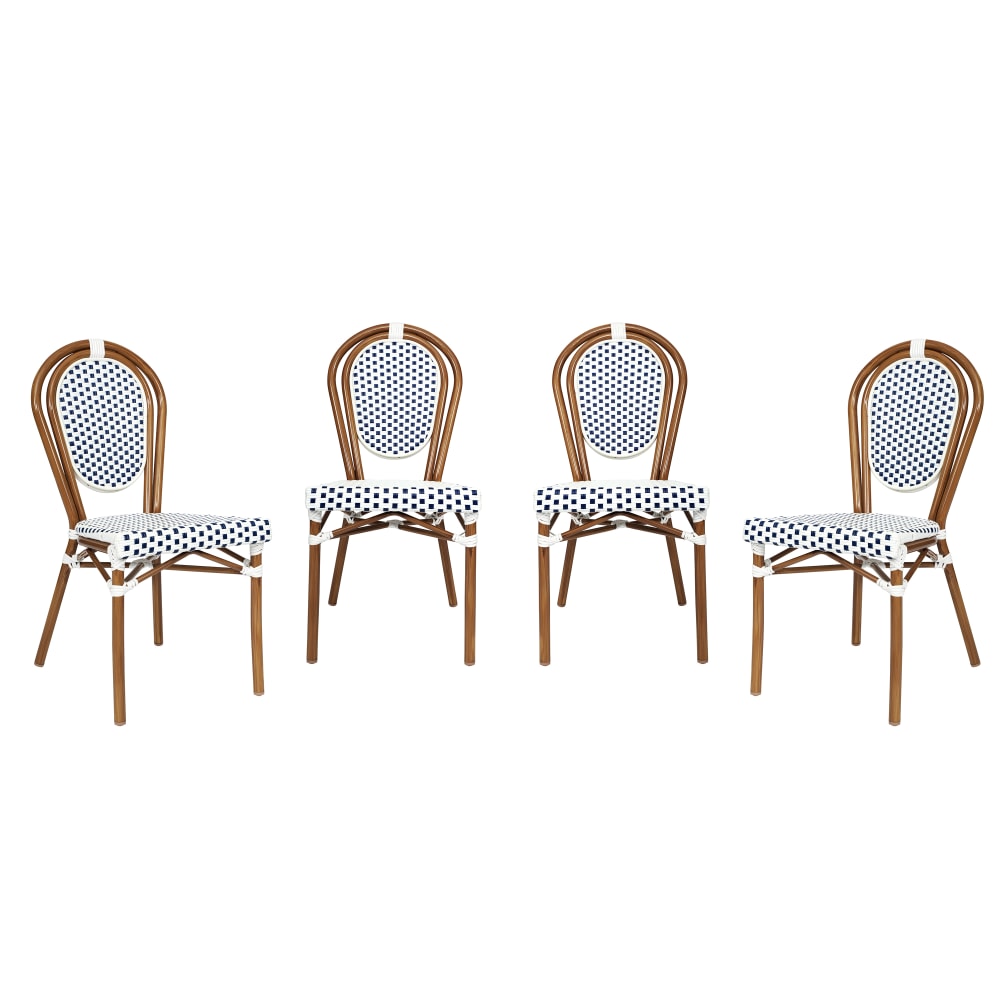 Flash Furniture 4 Pack Lourdes Indoor/Outdoor Commercial Thonet Bistro Stacking Chair, PE Rattan and Aluminum Frame, White & Navy/Natural Frame MPN:4SDA6422SWNVN